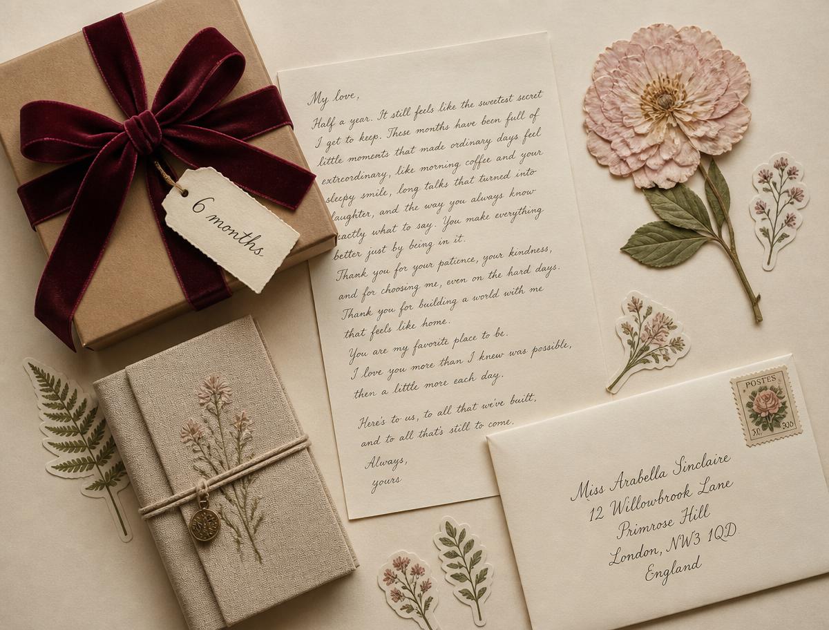 A six-month gift box with velvet ribbon and wax seal, surrounded by wrapped parcels, roses, lavender, and a handmade journal