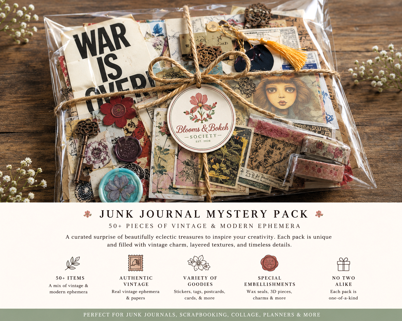 Junk Journal Mystery Pack — a sealed bundle of 50+ vintage and modern ephemera pieces, stickers, wax seals, charms and washi tape