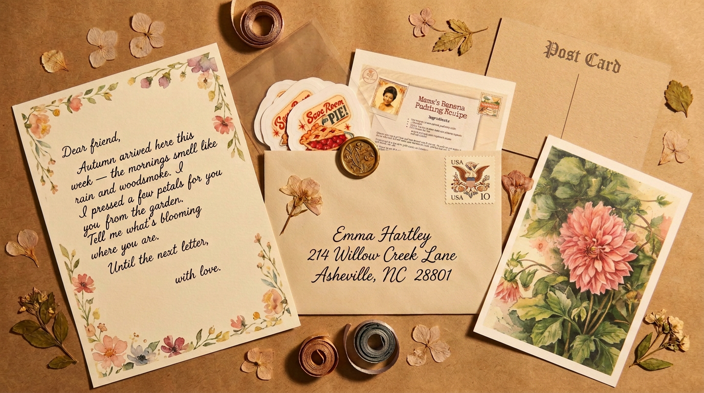 A handwritten Blooms & Bokeh Society letter, a printed purple water lily photograph, a wax-sealed envelope and botanical stickers on a wooden desk