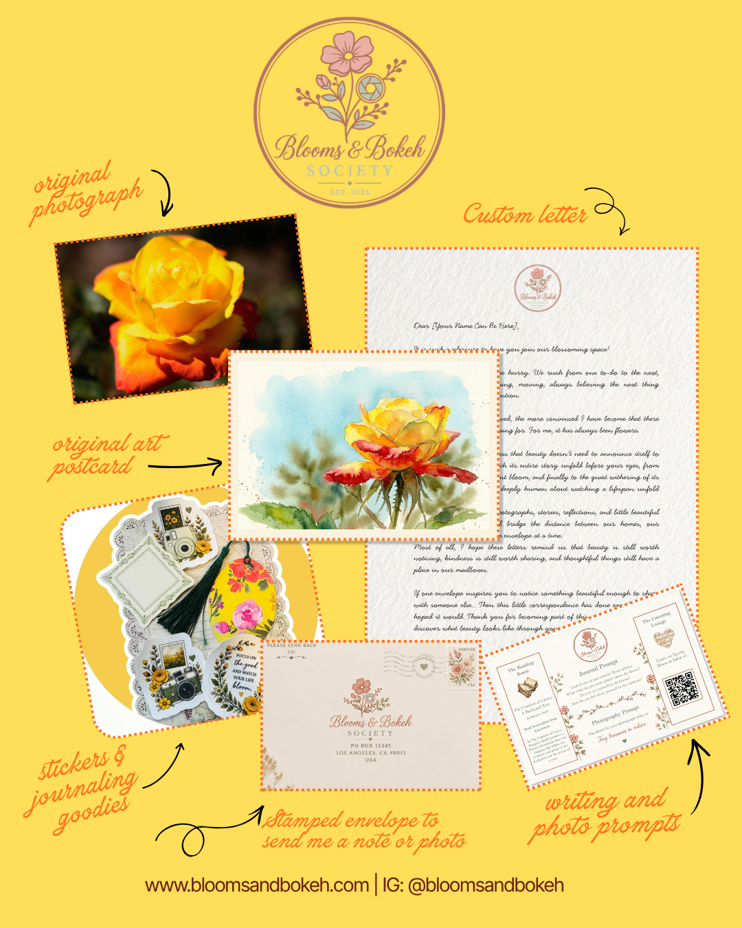 Collage showing what members receive: an original photograph, custom letter, original art postcard, stickers and journaling goodies, stamped envelope, and writing and photo prompts