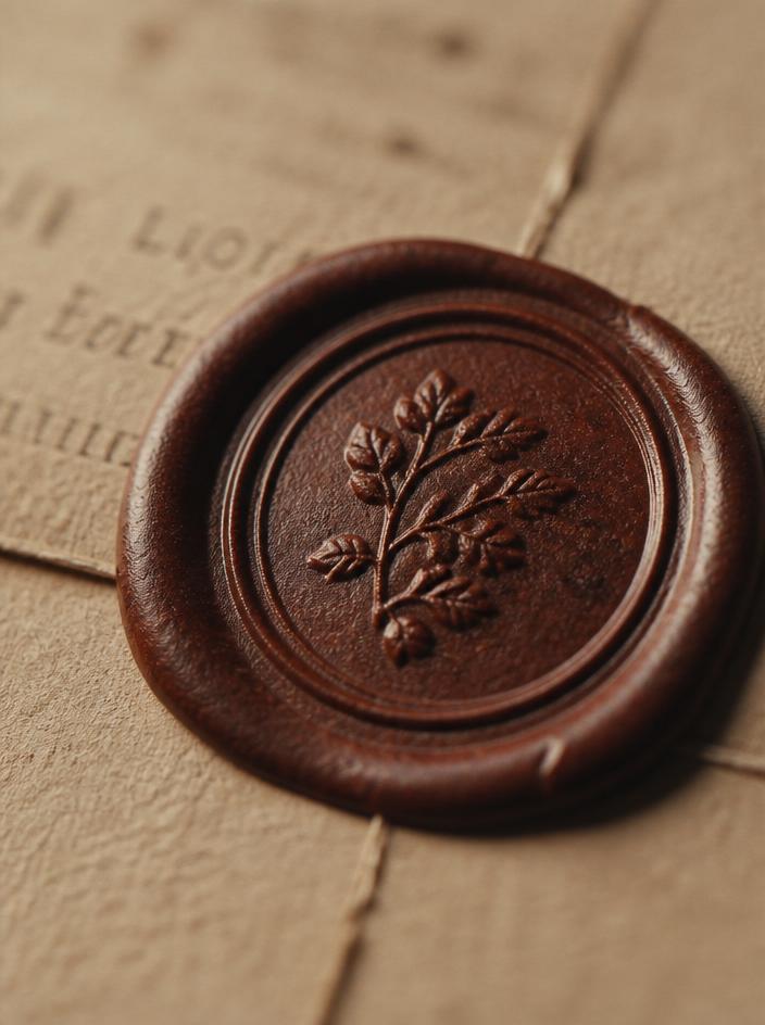 Close-up of a botanical wax seal on textured paper