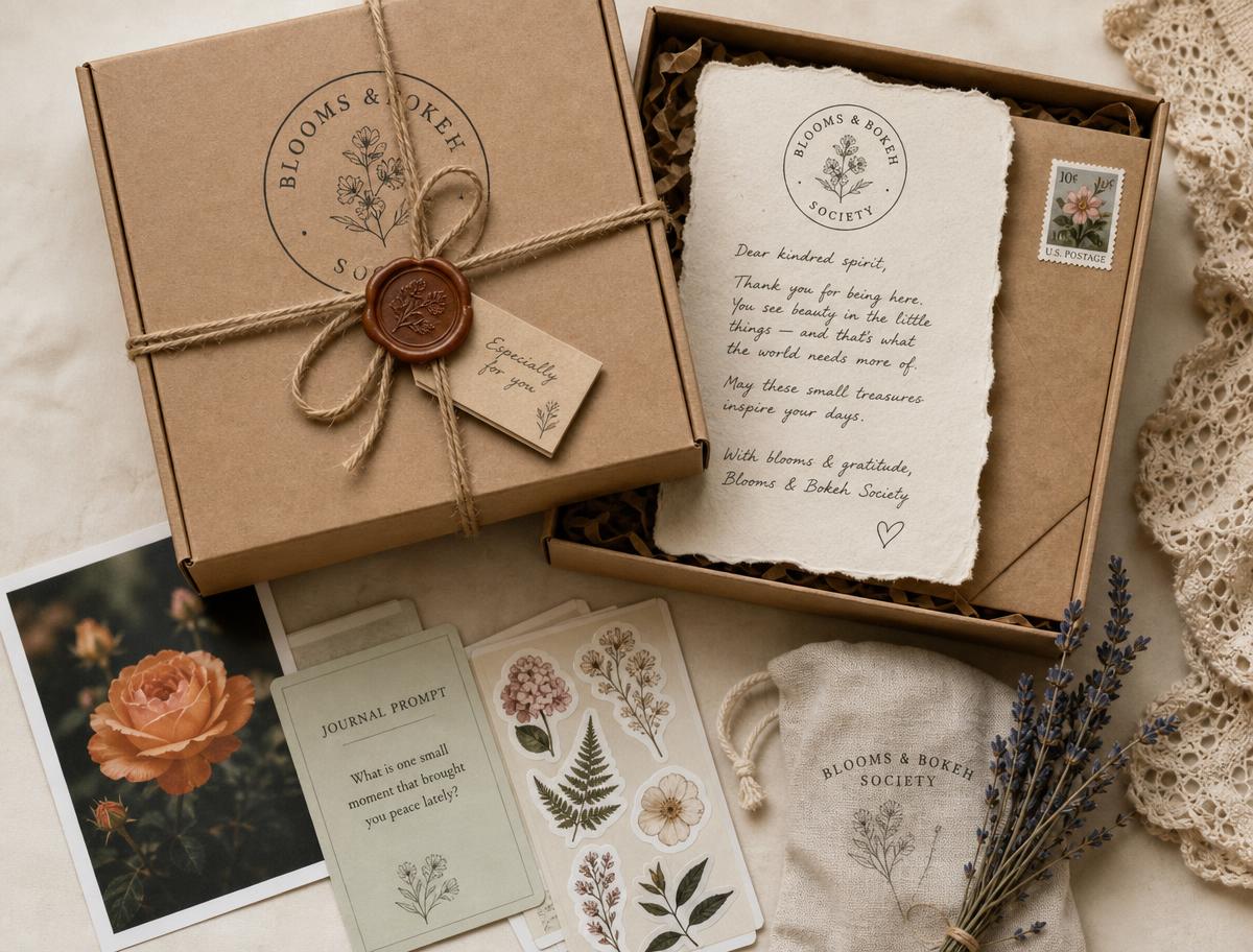 A Bloom Society gift box tied with twine and a wax seal, open to reveal a cream deckled-edge letter, kraft envelope, orange rose photo print, botanical stickers, journal prompt card, and pressed lavender