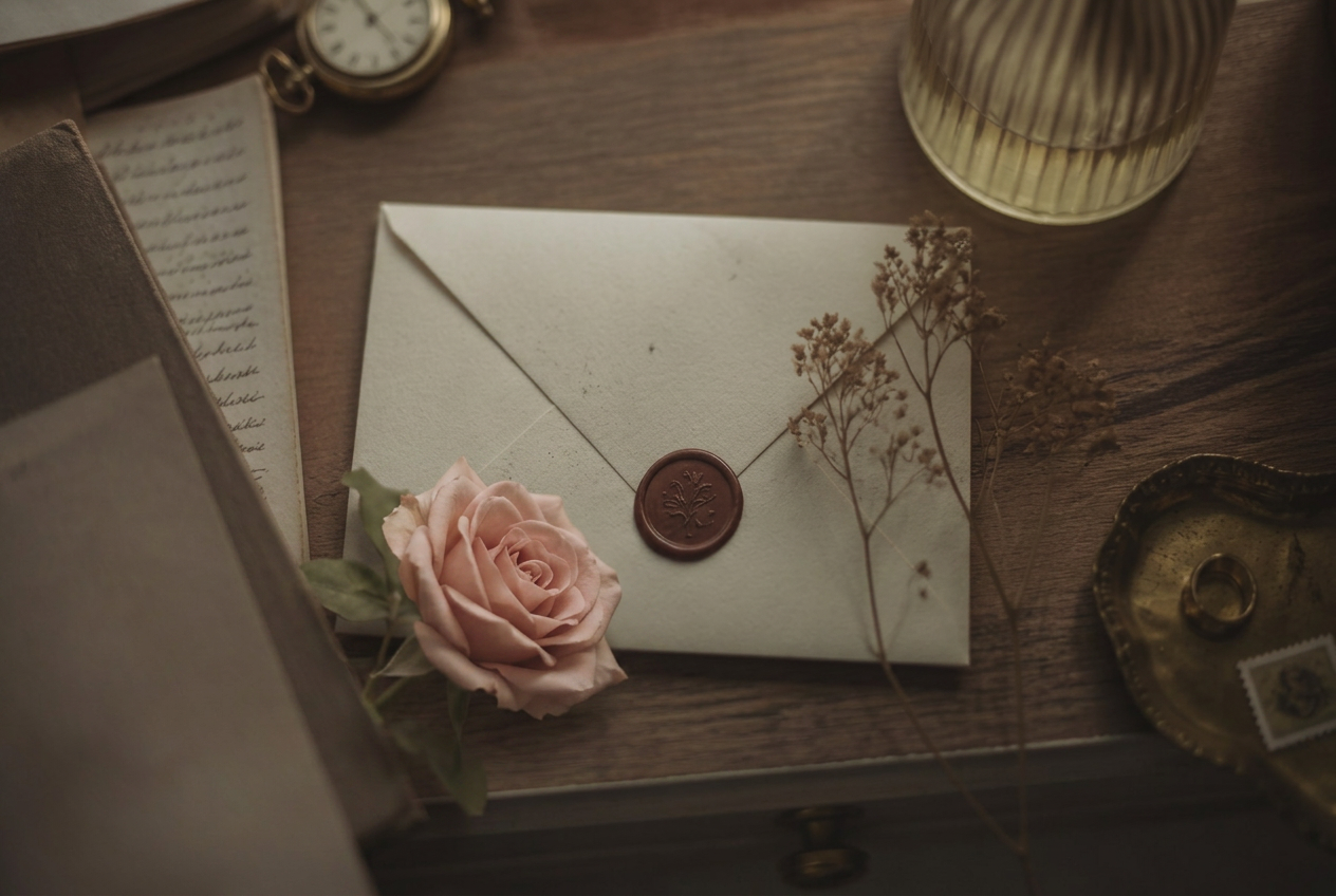 A wax-sealed envelope resting on a wooden desk with dried botanicals